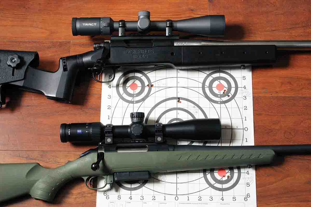 The very first group shot at 100 yards, in the center of the target, was fired from the Ruger 6mm Creedmoor (bottom). The top left group was fired with the custom 6XC (top).